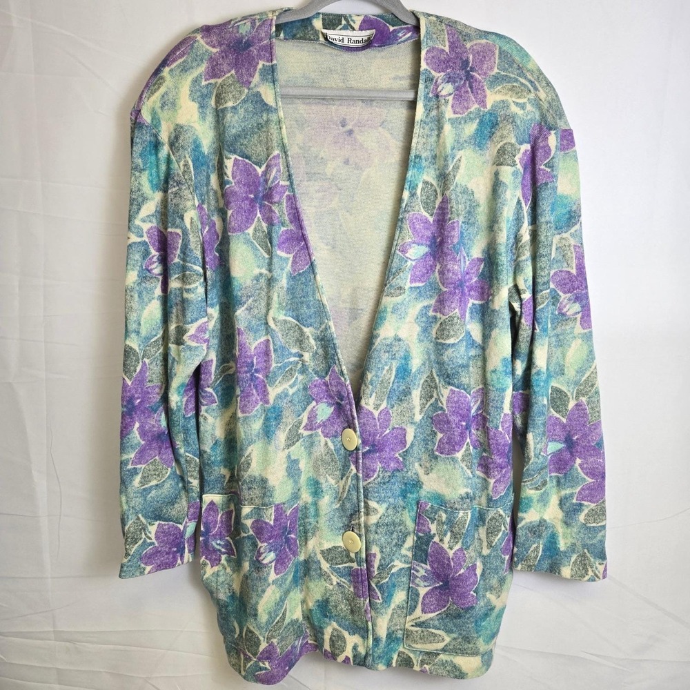 David Randall Floral Wool Blend Cardigan Blue Purple Pastel Grannycore Large Vtg